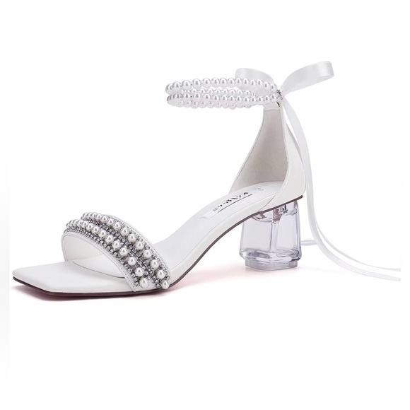 Beautiful Pearl Accent Heels with Ankle Ribbon Ties - Picture 2 of 3